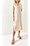 Women's Stone Color Short Sleeve Side Slit Midi Length Combed Cotton Dress - 3