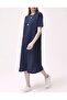 Women's Navy Blue Short Sleeve Side Slit Midi Length Combed Cotton Dress - 4