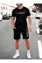 New York Line T-Shirt Shorts Combination Set - Black Printed Oversize Crew Neck