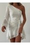 Soft Satin One Shoulder One Sleeve Asymmetrical Tiered Wavy Mini Cocktail Occasion Evening Dress - 6