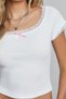 Women's White Chest and Sleeves Ruched Bow Short Sleeve Crop Top Blouse - 7