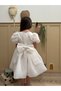 White Square Collar Balloon Sleeves Carolin Fabric Bow Detail Lined Girls Kids Baby Girl Dress - 4