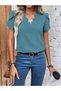 Women's Short Sleeve Laser V Neck Imported Crepe Blouse - 6