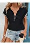 Women's Short Sleeve Front Zipper Sleeve Tip Glittering Viscose Blouse
