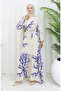 Patterned Belted Linen Dress 2087-01 Beige Navy Blue - 2