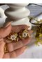 Gold Steel Earrings with Pearl Beads and Flower Model in the Middle - 3