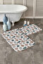 White Floor Onedraw Drawing Tropical Leaf Motif 2-Piece Non-Slip Base Bathroom & Kitchen Mat Set