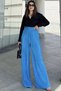 Women's Blue Pleated Wrinkled Knitted Crepe Pants with Elastic Waist - 700-3578