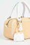 Women's Cedar Wicker White Zipper Closure Handbag and Shoulder Bag with Charm Accessories