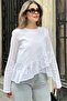 Women's White Ruffled Asymmetrical Cotton Linen Blouse - 700-3571