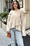 Women's Beige Ruffled Asymmetrical Cotton Linen Blouse - 700-3571 - 4