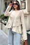 Women's Beige Ruffled Asymmetrical Cotton Linen Blouse - 700-3571 - 2