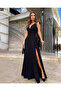 Women's Shoulder Tie Detailed Strap Double Breasted Collar Long Slit Crepe Evening Dress - 3