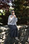 25030 Women's Gathered Collar Flounced Crinkle Fabric Flowy Comfortable Blouse Gray - 4