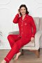 Women's Red Bamboo Fabric Seasonal Button Front Shirt Collar Long Sleeve Pajama Set - 2