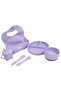 BabiesBasic Feeding Set, 6 Piece, Silicone Plate, Bowl, Bib, Spoon , Fork and 2 in 1 Cup - Purple