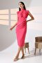Fuchsia Brooch Detailed Turtleneck Draped and Padded Crepe Dress - 3