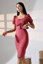 Dusty Rose Watermelon Sleeve Belted Crepe Fabric Pencil Dress - 5