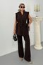 Women's Top and Bottom Double Suit Shoulder Detailed Belted Vest Pants Suit