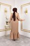 Women's Ruffle Detailed Belted Beige Linen Dress - 5