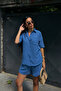 Women's Aerobin Linen Short Sleeve Shirt and Shorts Bottom-Top Set Blue - 6