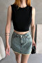 Women's Crew Neck Sleeveless Back Belt Detailed Crop Blouse Black - 5