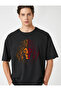 Unisex Black T-Shirt Yellow Red Lion Design Black Oversize T-Shirt - 3