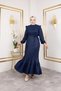 Women's Ruffle Detailed Belted Navy Blue Linen Dress - 2