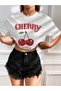Women Cherry Printed White Crop T-Shirt - 2