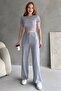 Women's Gray Crop Pants Ribbed Knitted Bottom Top Set