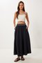 Women's Black Contrast Stripe Detailed Linen Skirt Mx00210 - 3