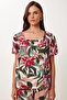 Women's Khaki Pink Patterned Linen Blouse Trousers Set Fi̇00001 - 4
