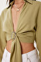 Women's Olive Green Wrap Collar Linen Blended Blouse Mx00204 - 4