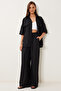 Women's Black Wrinkle Effect Woven Shirt Pants Suit Mx00207