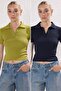 Lacivert-Yeşil Basic Polo Yaka İkili Paket Triko İnce Bluz TWOSS25BZ00503