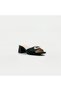 Black Genuine Leather Gold Buckle Women's Heeled Slippers - 3