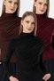 Women's Black Burgundy Brown 3-Piece Drawstring Detail Stand Collar Sandy Blouse