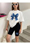 Girls Blue Ribbon Printed White T-Shirt-Black Short Leggings Set
