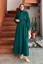 Gold Button Detailed Crinkle Dress Emerald Green