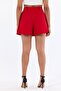 Women's Red Atlas Fabric Belted Pleated Short Skirt - 6