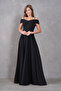 Women's Stretch Fabric Wide Flared Cut Off Shoulder Double Breasted Collar 138 cm Long Black Dress 342 - 6