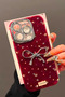 iPhone 15 Pro Max Compatible Burgundy Premium Phone Case with Silver Bow Parterre Glitter Lens Protector - 3