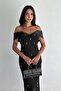 Luxurious Black Evening Dress – Stone Embroidered Off-The-Shoulder Pencil Dress Special Event Elegance 405