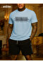 Authentic Printed Cotton Fabric Men's Light Blue T-Shirt-Black Shorts Set - 2