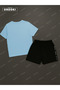 Authentic Printed Cotton Fabric Men's Light Blue T-Shirt-Black Shorts Set - 4