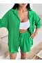 Women's Green Oversize Shirt Shorts Set - 2