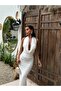 Women's Backless Deep Shawl Collar Long White Dress - 5