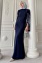 Cut Sleeve Detail Stone Navy Blue Evening Dress - 4