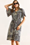 Women Patch Gray V Neck Belted Woven Mini Shirt Dress Elb-19002380