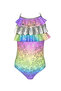 Strappy Shiny Textured Seashell Print Multi-Ruffle 50Uv Girls Swimsuit by Nessi Byrd